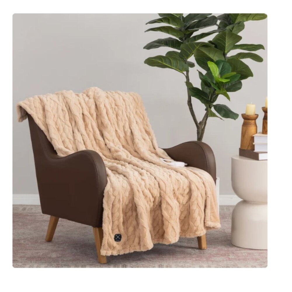 Berkshire Heated Luxe Faux Fur Throw Blanket, 50" x 60", Tan